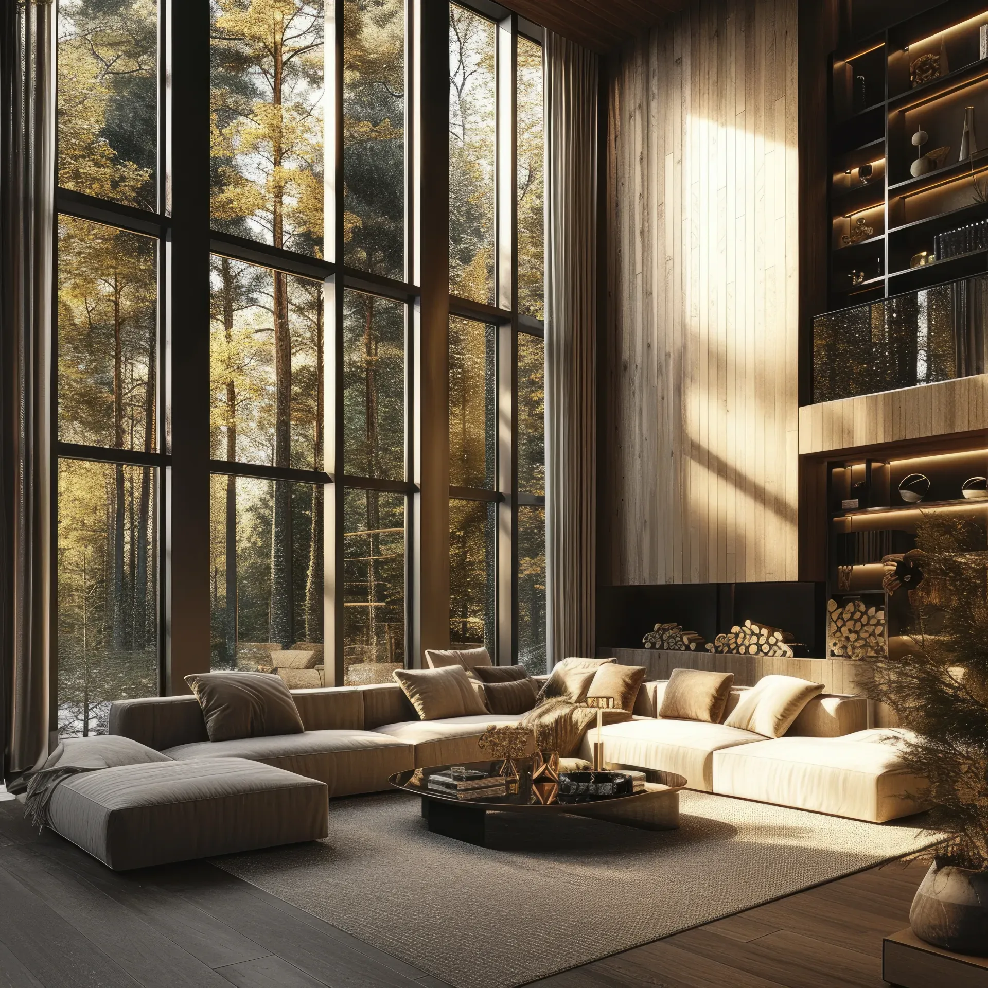 Photorealistic Wooden House Interior With Timber Decor Furnishings