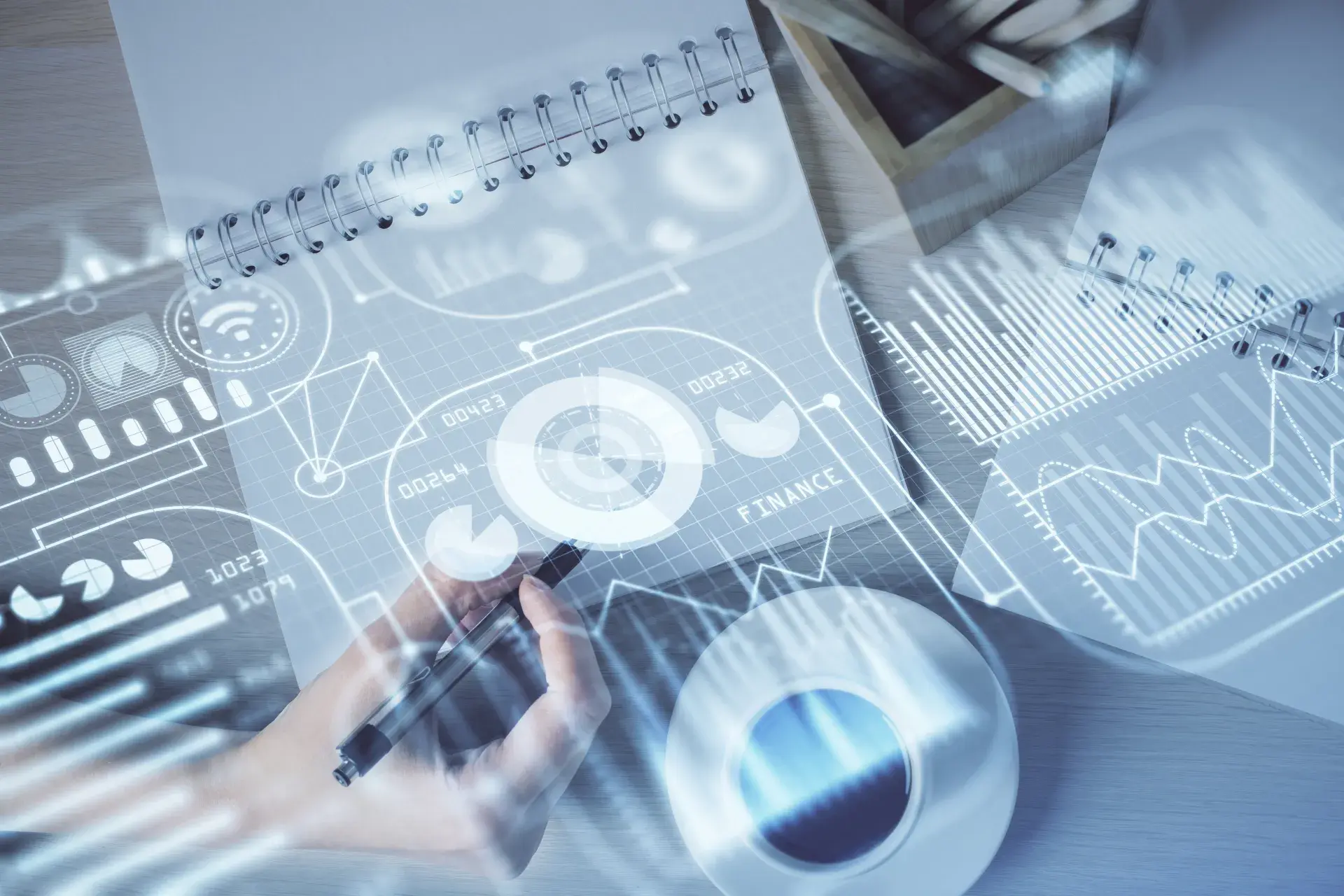 Technology Theme Hologram Womans Hands Taking Notes Background Concept Tech Double Exposure